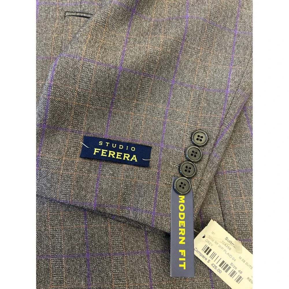 Studio Ferera Grey Plaid‎ Modern Fit Suit Blazer Men's 48R